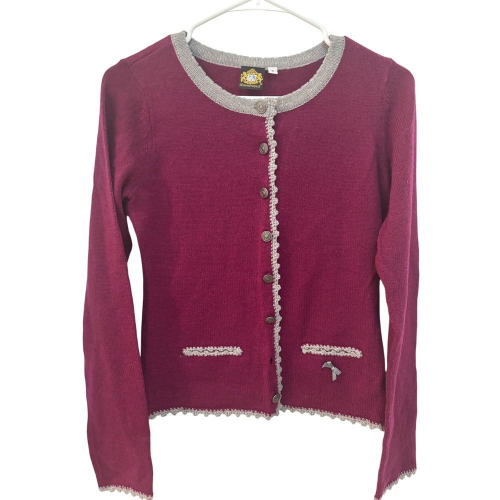Hammerschmid Womens‎ Trachten Cardigan Wool Blend Berry Pink Trim Size S - read